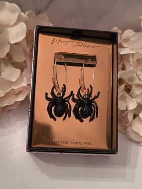 Betsey Johnson Gold Hoop Earrings with Black Glitter Spider Charms
